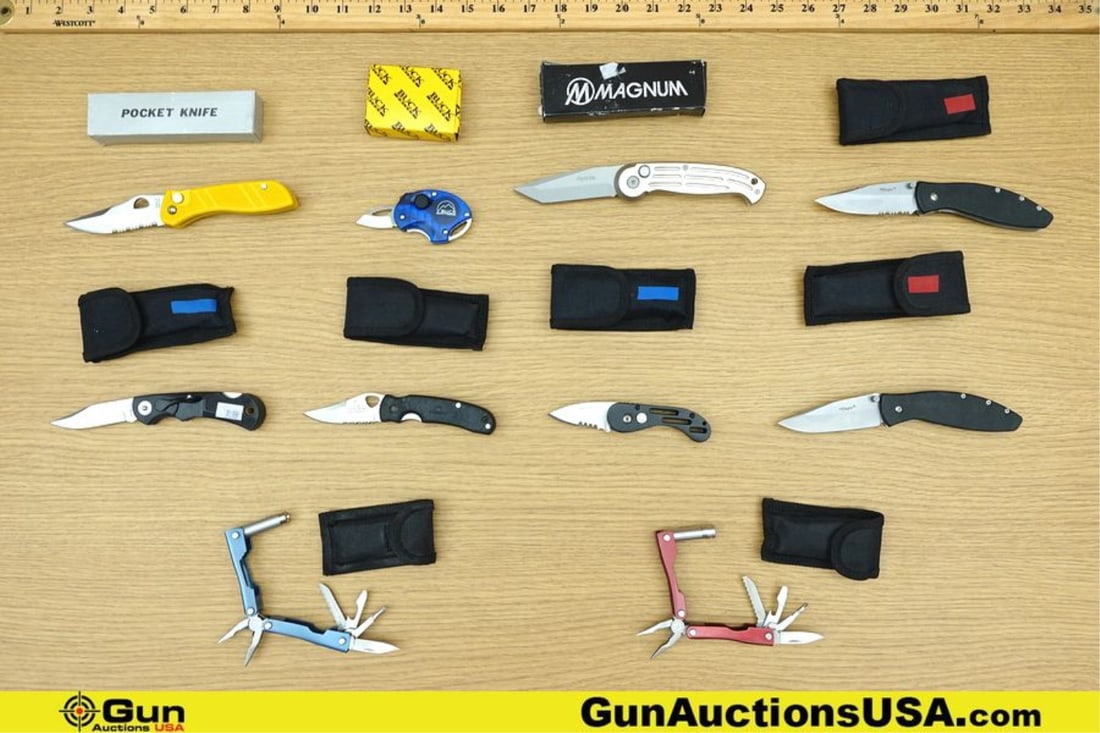 Buck, Magnum, Etc. Knives, Keychain. Excellent. 2-Mult-Tools, 4-Folding Knives, 3-Switchblades, &: Buck, Magnum, Etc. Knives, Keychain. Excellent. 2-Mult-Tools, 4-Folding Knives, 3-Switchblades, & 1-Metro LED & Blade Keychain.. (64361) (GSCM95)