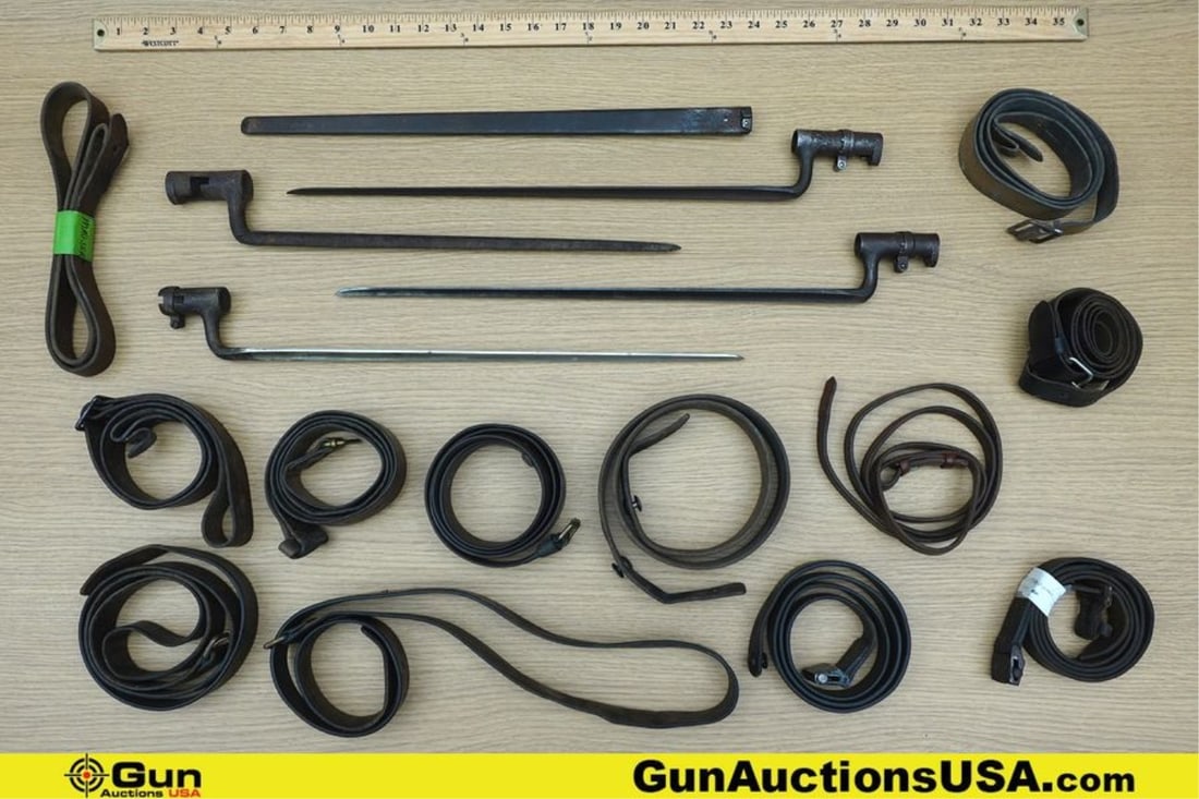 Bayonets, Rifle Straps. Good Condition. 12 Assorted Mauser K98, European Leather Rifle Slings. Four: Bayonets, Rifle Straps. Good Condition. 12 Assorted Mauser K98, European Leather Rifle Slings. Four Trapdoor Bayonets; One Trapdoor Bayonet 20 ", One Trapdoor Bayonet 18 ", One Trapdoor Bayonet 20.75 