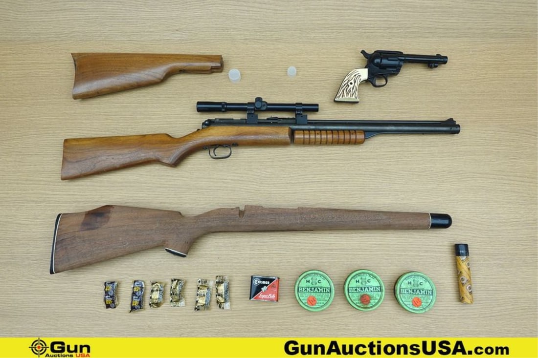 Unknown Appears to be .177 Rifle/Revolver. Good condition, Normal Handling Marks, Scattered Spotting: Unknown Appears to be .177 Rifle/Revolver. Good condition, Normal Handling Marks, Scattered Spotting and/or Pitting. 19" Barrel. Break Action -PELLET One Rifle that Features Blackened Finish, Wooden S