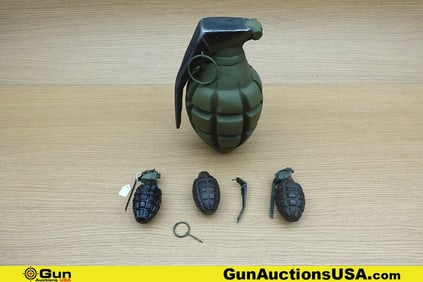 Military Surplus, Etc. Grenades. Etc.. Good Condition. Three Dummy INERT Grenades, and One Oversized