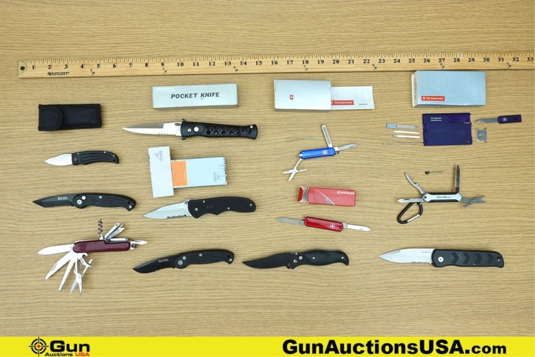 Wenger, Gerber, Etc. Knives. Excellent. 6-Assorted Switchblades, and 5-Pocket Knives with 1-Credit: Wenger, Gerber, Etc. Knives. Excellent. 6-Assorted Switchblades, and 5-Pocket Knives with 1-Credit Card Multi-Tool.. (64369) (GSCM71)