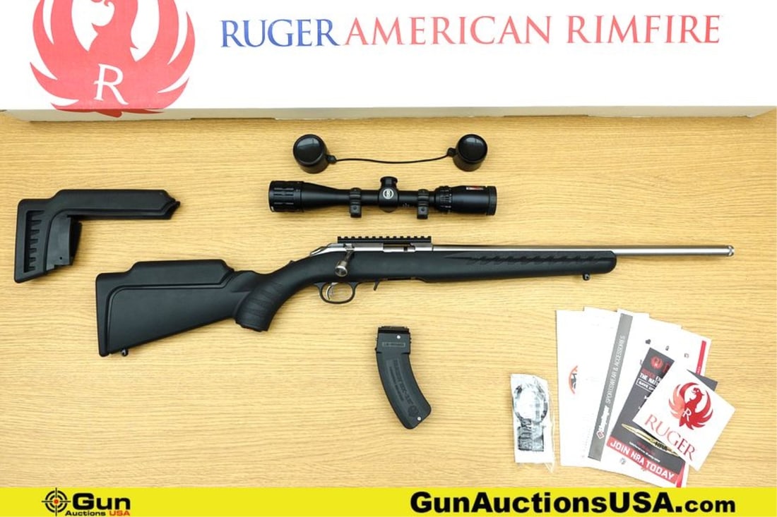 Ruger AMERICAN .17 HMR THREADED BARREL Rifle. Very Good. 46" Barrel. Shiny Bore, Tight Action Bolt: Ruger AMERICAN .17 HMR THREADED BARREL Rifle. Very Good. 46" Barrel. Shiny Bore, Tight Action Bolt Action Features a THREADED BARREL, Picatinny Rail, Textured Nylon Stock with Extended Cheek Comb, Sli