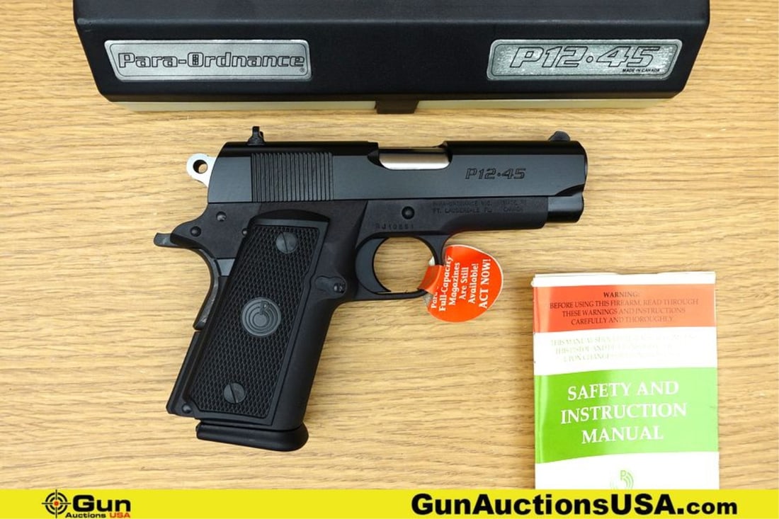 PARA-ORDNANCE INC. P12 .45 ACP PISTOL. Excellent. 3.5" Barrel. Shiny Bore, Tight Action Semi Auto: PARA-ORDNANCE INC. P12 .45 ACP PISTOL. Excellent. 3.5" Barrel. Shiny Bore, Tight Action Semi Auto Features a Black Steel Slide, Black Wide Alloy Frame, Fixed Front Sight, Adjustable Rear Sight, with a