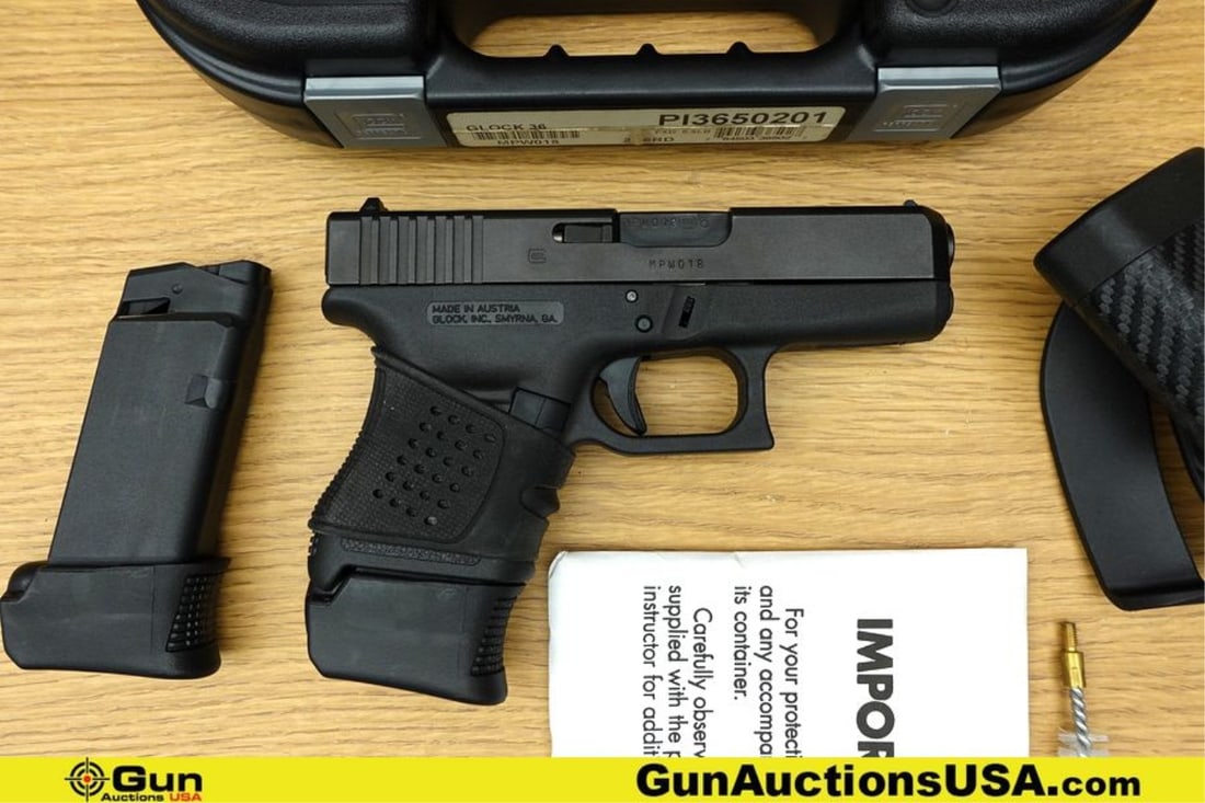 Glock 36 .45 ACP Pistol. Excellent. 3.75" Barrel. Shiny Bore, Tight Action Semi Auto Features a: Glock 36 .45 ACP Pistol. Excellent. 3.75" Barrel. Shiny Bore, Tight Action Semi Auto Features a Blackened Steel Slide, Fixed Front Sight, Adjustable Rear Sight, Black Polymer Grip Frame, with a Smooth