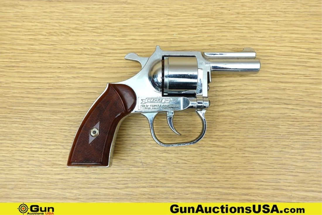 CLERKE TECHNICORP CLERKE 1ST .32 S&W Revolver. Good condition, Normal Handling Marks, Scattered: CLERKE TECHNICORP CLERKE 1ST .32 S&W Revolver. Good condition, Normal Handling Marks, Scattered Spotting and/or Pitting. 2" Barrel. Shiny Bore, Tight Action Features a Chrome Finish, Fixed Front Sight