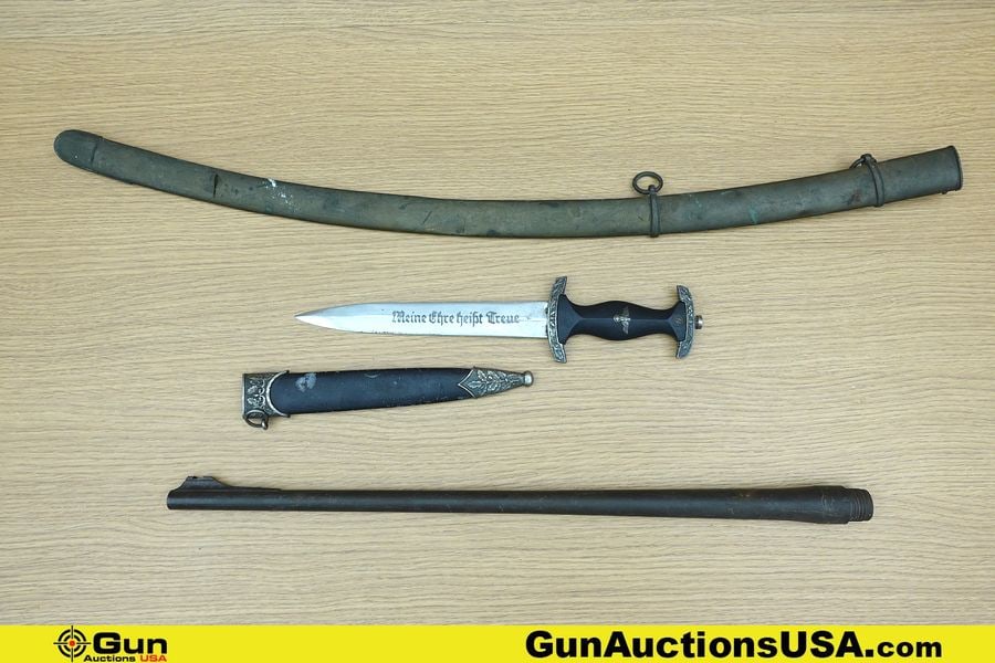 Barrel, Scabbard, Dagger. Fair Condition. One Replica Himmler SS Officer's Dagger with "Meine Heer: Barrel, Scabbard, Dagger. Fair Condition. One Replica Himmler SS Officer's Dagger with "Meine Heer Heist True" Etched on Blade, Ornate Crossgaurd and Pummel, Includes Metal Scabbard. One Early 1900's