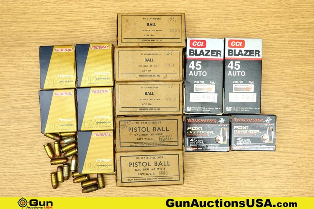 FED, WIN, CCI, Etc. .45 ACP Ammo. Approx. 500 Rounds of .45 ACP Assorted Gr and Projectile Types..: FED, WIN, CCI, Etc. .45 ACP Ammo. Approx. 500 Rounds of .45 ACP Assorted Gr and Projectile Types.. (76952) (GSCV19)
