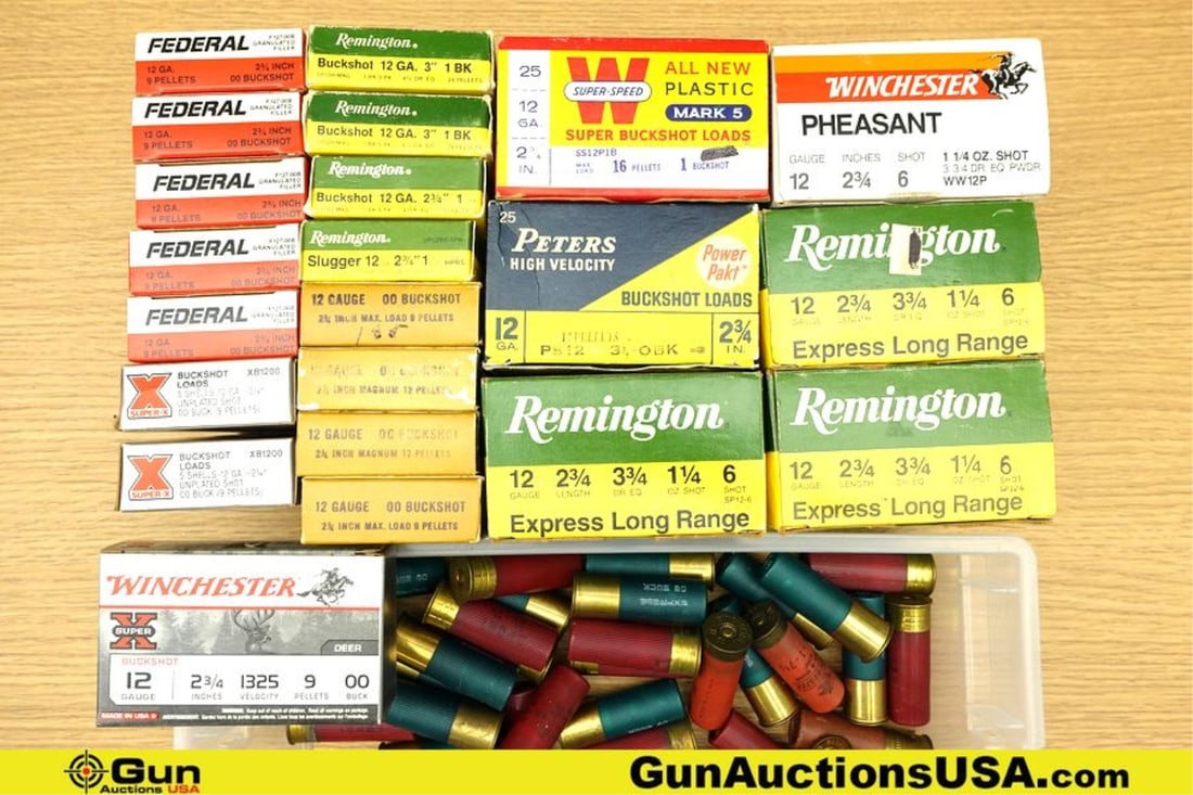 FED, REM, WIN, Etc. Super-X, Etc. 12 ga. Ammo. 264 Total Rounds of 12 GA.; 254 Rds of 2 3/4 ": FED, REM, WIN, Etc. Super-X, Etc. 12 ga. Ammo. 264 Total Rounds of 12 GA.; 254 Rds of 2 3/4 " Assorted Grains and Loads, and 10 Rounds of 3" #1 Buckshot.. (76718) (GSCW82)