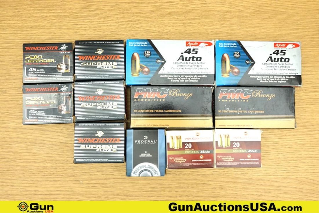 Winchester, PMC, DRT .45 ACP Ammo. 360 Rds in Total; 200 Rds of .45 ACP, FMJ. 160 Rds of .45 ACP: Winchester, PMC, DRT .45 ACP Ammo. 360 Rds in Total; 200 Rds of .45 ACP, FMJ. 160 Rds of .45 ACP DEFENSE/HP . (76691) (GSCU34)