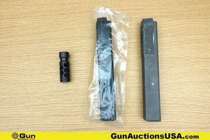 .45 ACP, Etc. Magazines, Muzzle Break. Good Condition. Two .45 ACP Metal Grease Gun 30 Rd Mags and