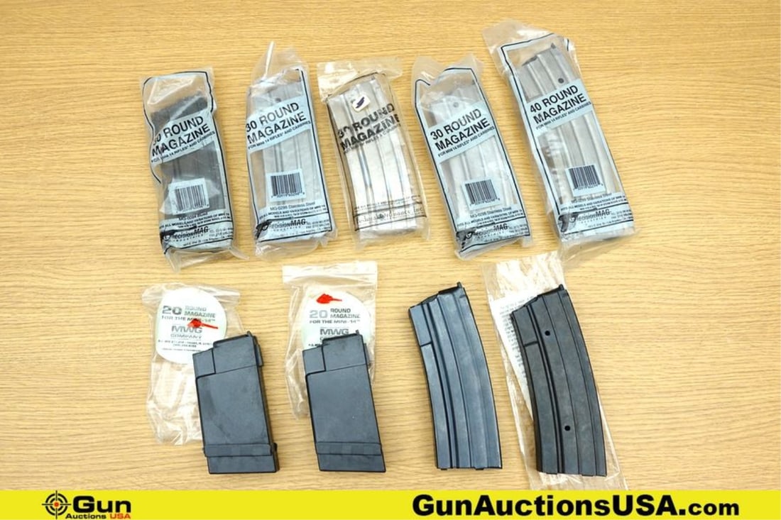 PMI, MWG Mini-14 .223 REM Magazines. Like New. 9 Metal and Polymer Mags in Total; One 40 Rd Mag, Six: PMI, MWG Mini-14 .223 REM Magazines. Like New. 9 Metal and Polymer Mags in Total; One 40 Rd Mag, Six 30 Rd Mags, and Two 20 Rd Mags.. USA (77020) (GSCN57)