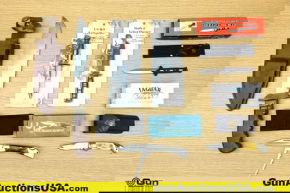 Cashanwei, Etc. Knives. Good Condition. Four Folding Knives, One With Sheath and Two Letter Openers.