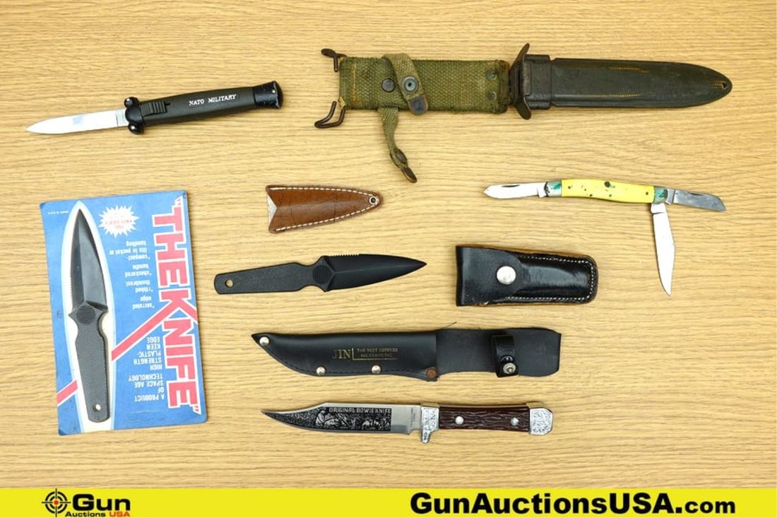 Lansky, Etc. Knives. Good Condition. Five Assorted Knives. . One Automatic knife, One Fixed Blade: Lansky, Etc. Knives. Good Condition. Five Assorted Knives. . One Automatic knife, One Fixed Blade Knife includes sheath, One Pocket Knife, Two Throwing Knives, one includes sheath, One Bayonet Scabbar