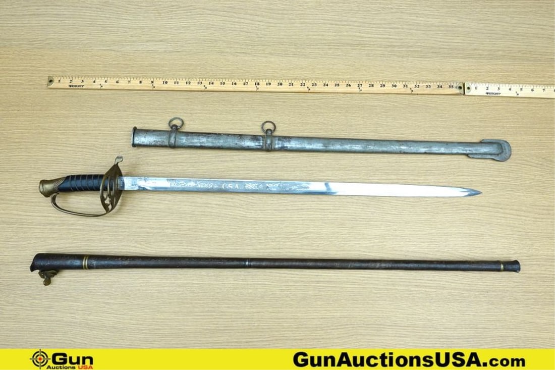 Cane Gun, Saber. Good Condition. One Black Powder Cane Gun and One Replica CSA Sabor with Metal: Cane Gun, Saber. Good Condition. One Black Powder Cane Gun and One Replica CSA Sabor with Metal Scabbard. . (77040) (GSCE42)