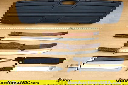 Plano, Etc. Swords, Machete, Bun Case. Good Condition. One Katana Style Sword Features Blade Length