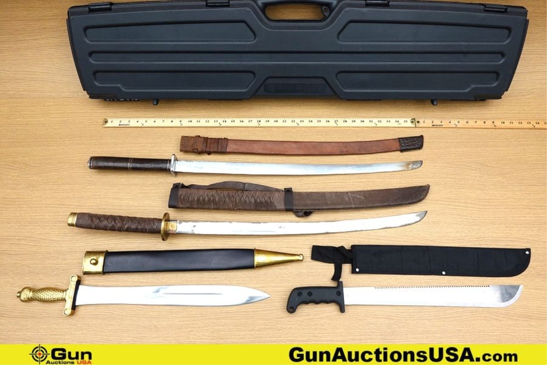 Plano, Etc. Swords, Machete, Bun Case. Good Condition. One Katana Style Sword Features Blade Length: Plano, Etc. Swords, Machete, Bun Case. Good Condition. One Katana Style Sword Features Blade Length of 27 " and an Overall Length of 37 ", Leather Stacked Handle, Metal Handguard and Pommel. Includes