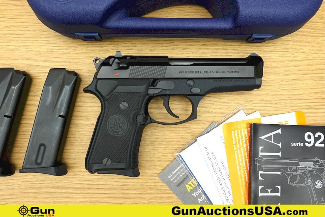 PIETRO BERETTA 92 COMPACT 9MM PARA Pistol. Like New. 4.25" Barrel. Semi Auto MINI M9 Features A: PIETRO BERETTA 92 COMPACT 9MM PARA Pistol. Like New. 4.25" Barrel. Semi Auto MINI M9 Features A Compact Slide and Frame, F Model, DA/SA. Safety De-Cocker, ORIGINAL Factory Grips, Anodized Aluminum Fra