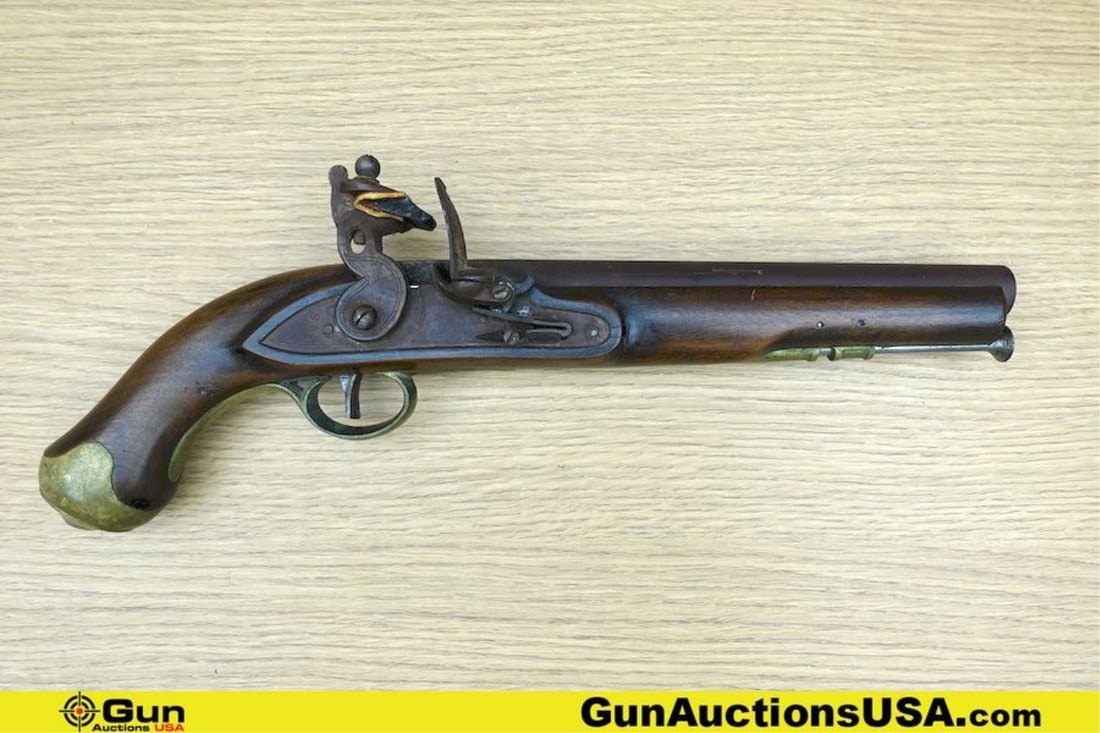 SAR Pistol. Good condition, Normal Handling Marks, Scattered Spotting and/or Pitting. 9" Barrel.: SAR Pistol. Good condition, Normal Handling Marks, Scattered Spotting and/or Pitting. 9" Barrel. FLINT LOCK Appears to be a Replica Turkish flintlock. Has replica British markings. Features Brass Trig