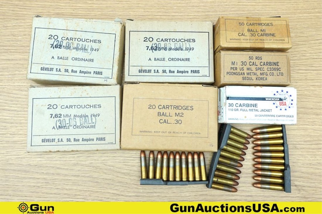 Military Surplus, Winchester, Etc. Assorted Ammo. Approx. 138 Rds of .30 Carbine and 70 Rds of 30-06: Military Surplus, Winchester, Etc. Assorted Ammo. Approx. 138 Rds of .30 Carbine and 70 Rds of 30-06 SPRNG. (77916) (GSCT17)