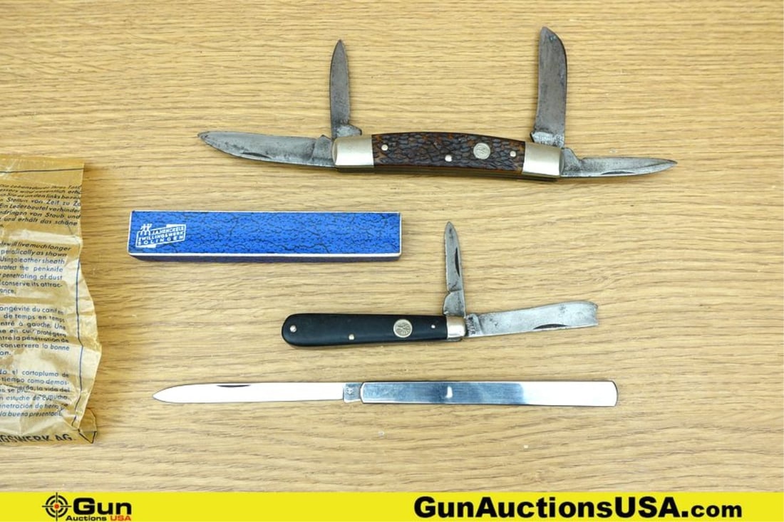 Boker, JA Hankel's Knives . One Solingen Knife in Original Box with Papers in Like New Condition and: Boker, JA Hankel's Knives . One Solingen Knife in Original Box with Papers in Like New Condition and Two Boker USA Folding Knives in Good Condition. . (77052) (GSCM92)