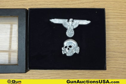 RZM ANTIQUE Insignia Pins. Excellent. Set of Two WWII Reproduction Aluminum SS Visor Cap Insignia