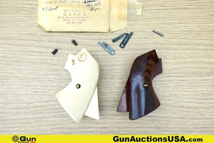 ARMY Grips, Parts. Very Good. Two Sets of Single Action ARMY GRIPS, One Faux Ivory, and One Wood.