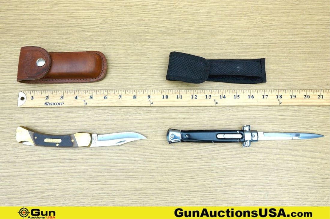 Schrade, Etc. Knives. Excellent. One Schrade Traditional Buck Style Folding Knife with Leather Carry: Schrade, Etc. Knives. Excellent. One Schrade Traditional Buck Style Folding Knife with Leather Carry Belt Case and One OTF Auto Switch Blade Style Knife. . (77949) (GSCM70)