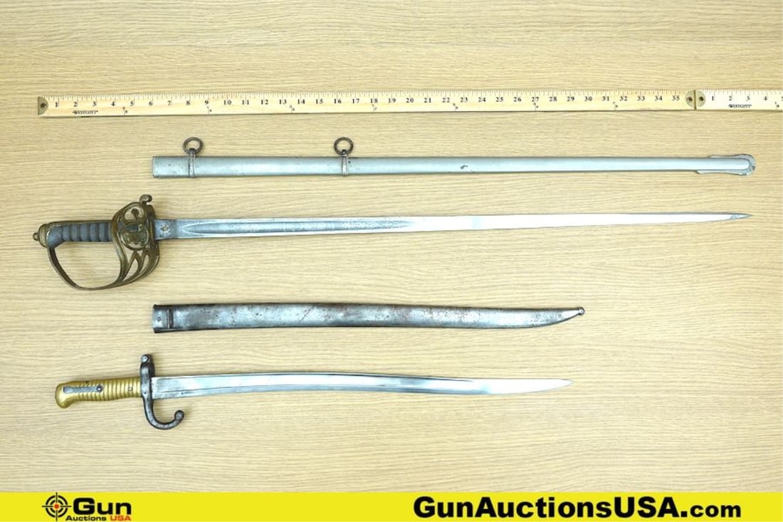 Military Surplus Bayonet, Replica Sword. Good Condition. One French Bayonet, with MATCHING Scabbard.: Military Surplus Bayonet, Replica Sword. Good Condition. One French Bayonet, with MATCHING Scabbard. Smooth Release button, PROOF MARKS on Right Side of Blade, French Engraving on Spine Near Hand Guar