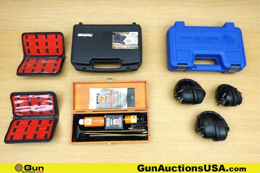 Walker, Flambau, S&W, HOPPE'S, Etc. Accessories, Etc. . Very Good. One Flambau, 14 Inch Pistol Hard: Walker, Flambau, S&W, HOPPE'S, Etc. Accessories, Etc. . Very Good. One Flambau, 14 Inch Pistol Hard Case. Three Walker Ear Protector's, One HOPPES Cleaning Kit with Wood Case. One S&W Padded Hard Case