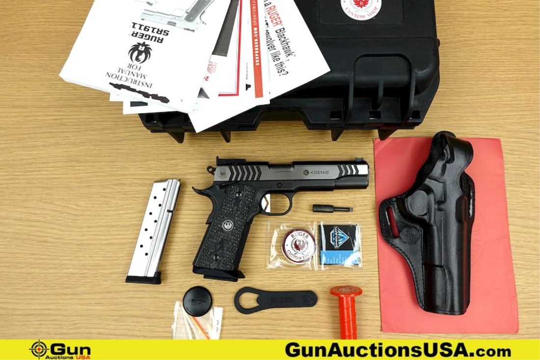 Ruger SR1911 KOENIG 9MM LUGER Pistol. Excellent. 5" Barrel. Shiny Bore, Tight Action Semi Auto A: Ruger SR1911 KOENIG 9MM LUGER Pistol. Excellent. 5" Barrel. Shiny Bore, Tight Action Semi Auto A GREAT KIT! Features Fiberoptic Drift Adjustable Front Sight, Bo-Mar Style Rear Sight, Polished Flats on