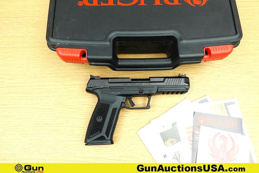 Ruger 57 5.7X28MM Pistol. Very Good. 5" Barrel. Shiny Bore, Tight Action Semi Auto Features a: Ruger 57 5.7X28MM Pistol. Very Good. 5" Barrel. Shiny Bore, Tight Action Semi Auto Features a Fiberoptic Front Sight, Fully Adjustable Rear Sight, Slide is Drilled and Mounted for Optics, Lightening C