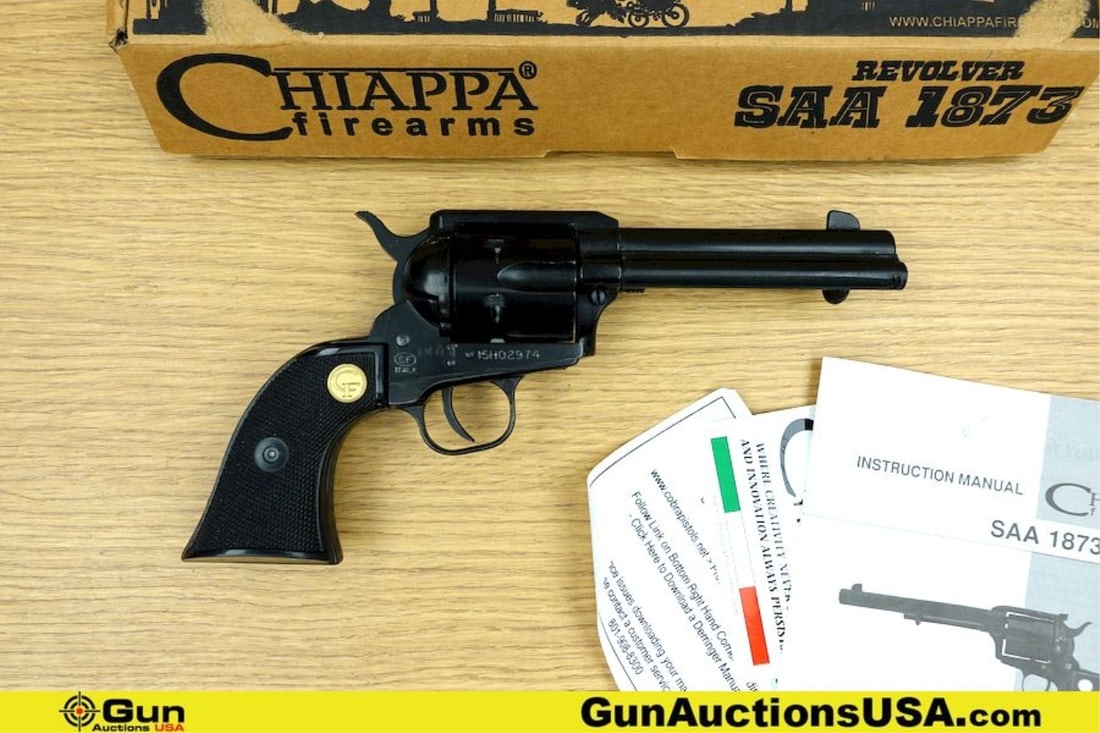 CHIAPPA 1873-22 .22 LR Revolver. Good condition, Normal Handling Marks, Scattered Spotting and/or: CHIAPPA 1873-22 .22 LR Revolver. Good condition, Normal Handling Marks, Scattered Spotting and/or Pitting. 4.75" Barrel. Shiny Bore, Tight Action A Great Cowboy Single Action. Features Serrated Spur S