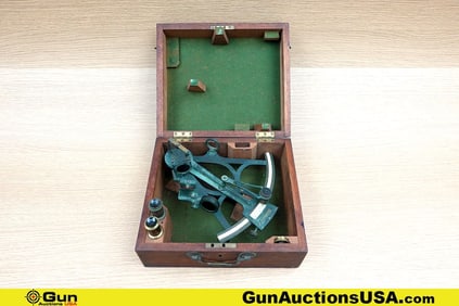 F.M. MOORE Sextant. Good Condition. Mostly Complete Brass Early Style Sextant. Includes Felt Lined