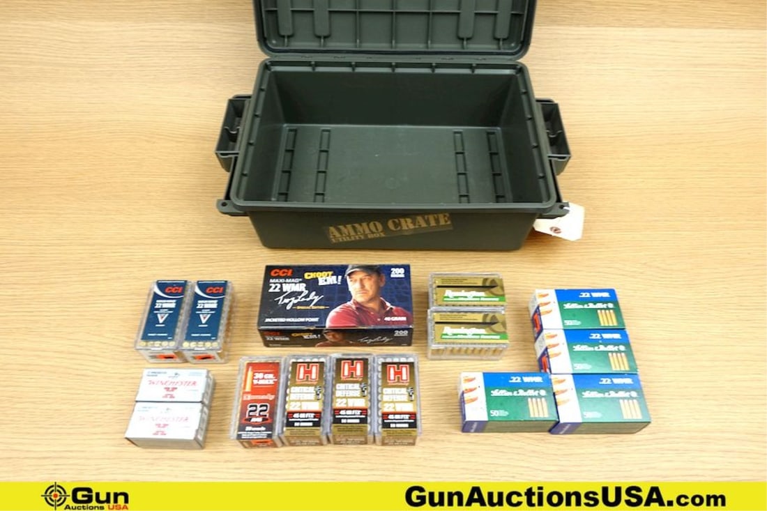 Sellier & Bellot, CCI, Remington, Winchester, Hornady .22 WIN MAG Ammo. Approx. 900 Rds of .22 Win: Sellier & Bellot, CCI, Remington, Winchester, Hornady .22 WIN MAG Ammo. Approx. 900 Rds of .22 Win Mag. Includes a MTM Ammo Crate. . (78389) (GSCU62)