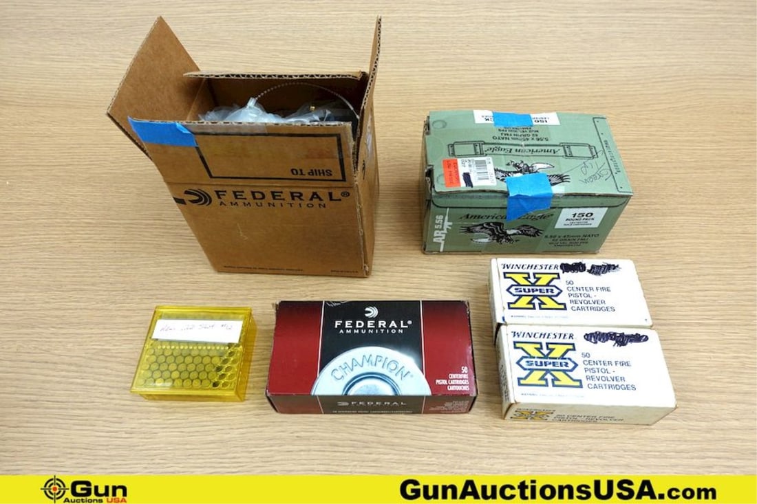 American Eagle, Federal, Winchester, Remington 5.56, .22LR, .45 Colt, .41 Rem Ammo . Approx 450 Rds: American Eagle, Federal, Winchester, Remington 5.56, .22LR, .45 Colt, .41 Rem Ammo . Approx 450 Rds of 5.56. Approx 80 Rds of .22LR Rat Shot. 50 Rds of .45 Colt, and 100 Rds of .41 REM. (78397) (GSCV7