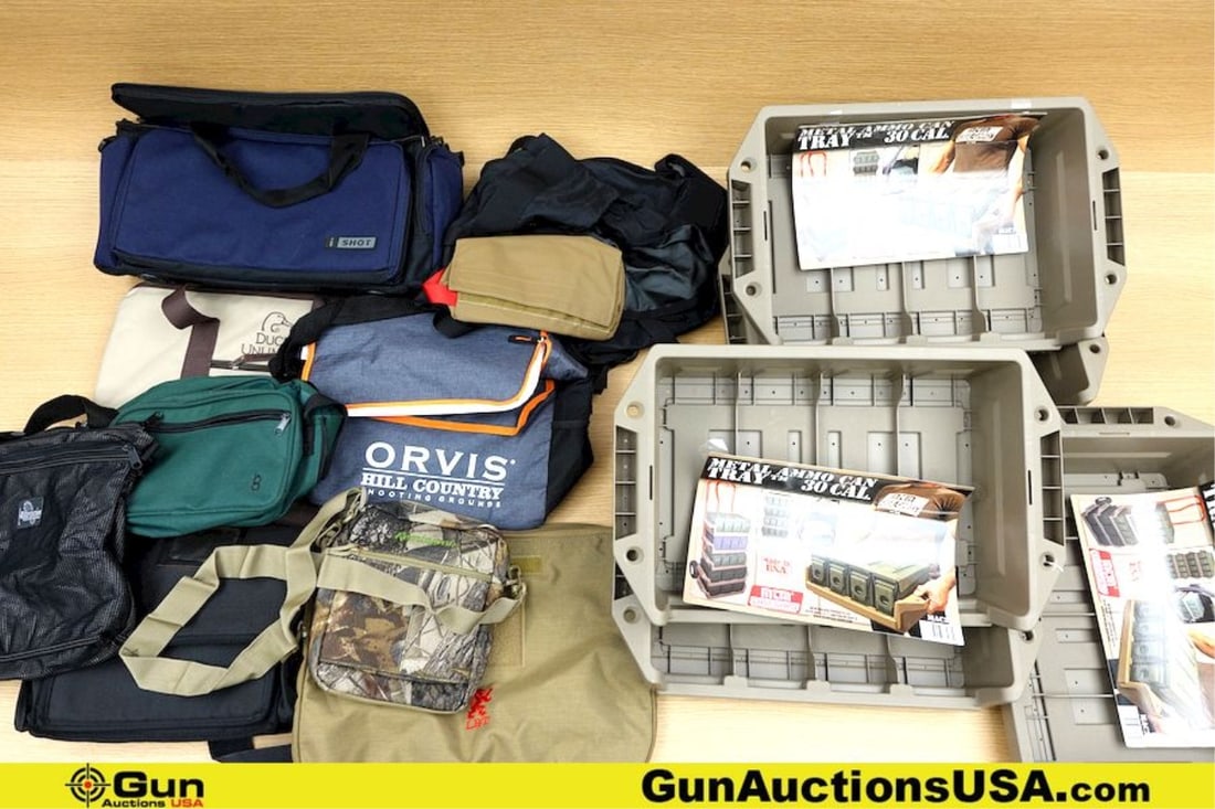 Black Hawk, MTM, Remington, Etc. Ammo Can Trays, . Very Good. Five Ammo Can Trays, One Black Hawk: Black Hawk, MTM, Remington, Etc. Ammo Can Trays, . Very Good. Five Ammo Can Trays, One Black Hawk Draw String Bag, Three Pistol Range Bags, One Duck's Unlimited Insolated Bag, One Orbis Cooler, and As