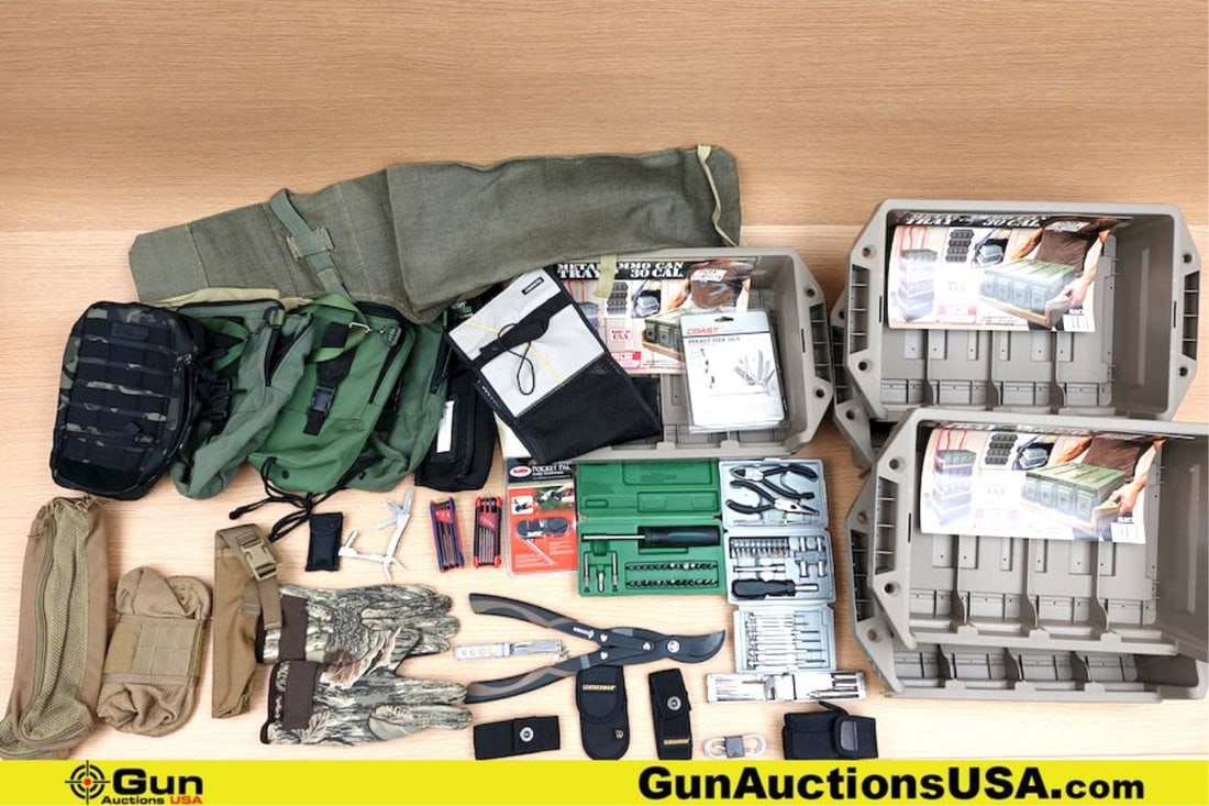 MTM, Cabela's, Gerber, Etc. Ammo Can Trays, Pouches, Gloves, Etc. . Very Good. Five Ammo Can Trays,: MTM, Cabela's, Gerber, Etc. Ammo Can Trays, Pouches, Gloves, Etc. . Very Good. Five Ammo Can Trays, Three Green Nylon Zipper Pouches, One Set of XL Camo Gloves, One Canvas Rifle Scabbard, Two Velcro C
