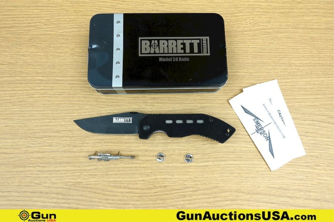 EMERSON/BARRETT MODEL50 Knife. Excellent. One Barrett Knife Made By Emerson Knife. Includes a: EMERSON/BARRETT MODEL50 Knife. Excellent. One Barrett Knife Made By Emerson Knife. Includes a Barrett .50 Pin and Aluminum Case, Case has Dent, Knife is in Excellent Condition. . (78049) (GSCM21)