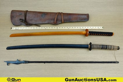 Japanese, Filipino Practice Swords, Spear, Etc. . Good Condition. Two Wooden JAPANESE PRACTICE