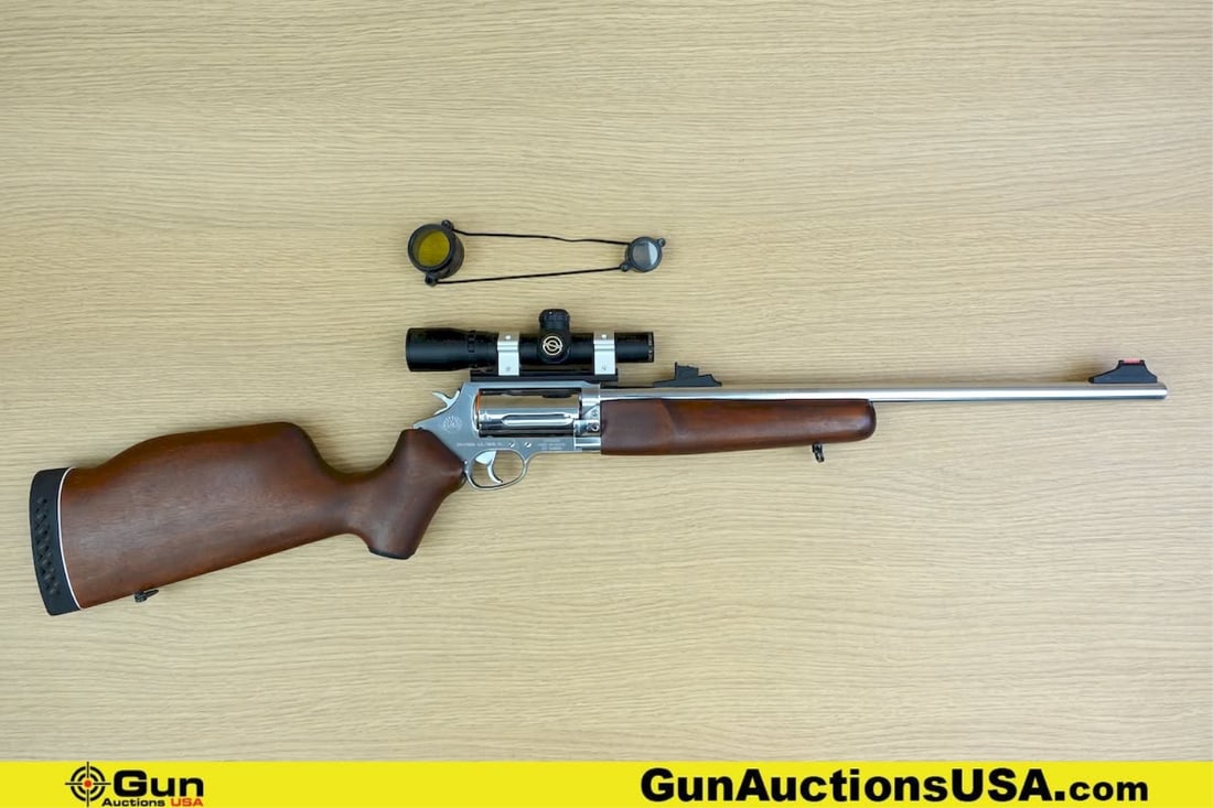 Taurus CJ .45 LC/.410 GA. UNIQUE Rifle. Very Good. 18.5" Barrel. Shiny Bore, Tight Action Revolver: Taurus CJ .45 LC/.410 GA. UNIQUE Rifle. Very Good. 18.5" Barrel. Shiny Bore, Tight Action Revolver Features a Polished Finish, Removable Fiberoptic Front sight, Adjustable Fiberoptic Rear Sight, Simmo