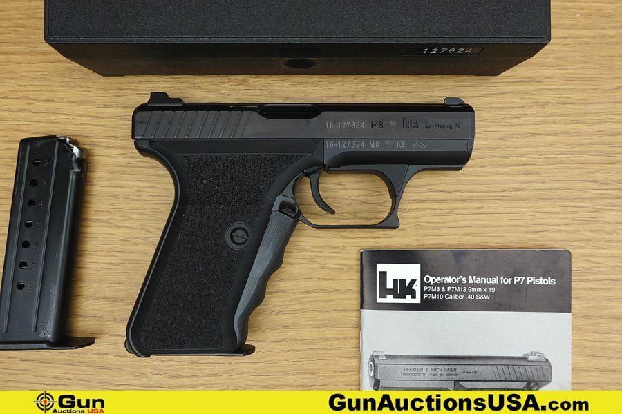 H&K P7-M8 9X19 ALL MATCHING NUMBERS Pistol. Excellent. 4" Barrel. Shiny Bore, Tight Action Semi Auto: H&K P7-M8 9X19 ALL MATCHING NUMBERS Pistol. Excellent. 4" Barrel. Shiny Bore, Tight Action Semi Auto ALL MATCHING NUMBERS! WOW! A MUST SEE! Features ORIGINAL BLUED Finish, Adjustable Front and Rear Si