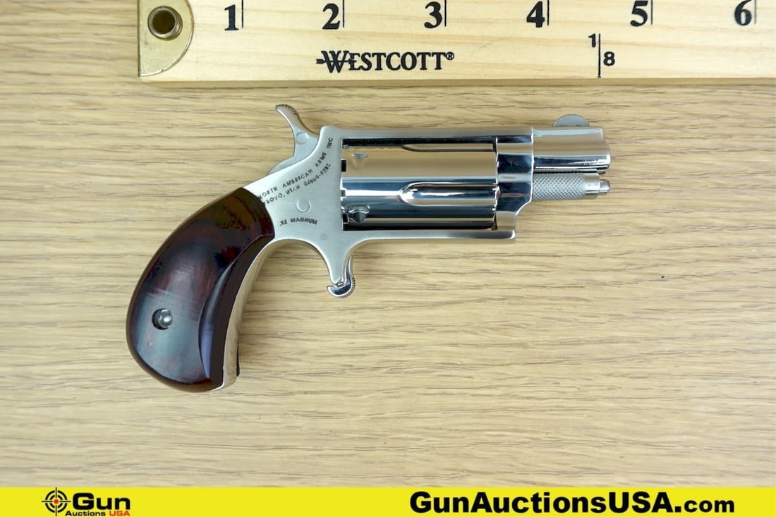North American Arms .22 MAGNUM Revolver. Excellent. 1 1/8" Barrel. Shiny Bore, Tight Action A: North American Arms .22 MAGNUM Revolver. Excellent. 1 1/8" Barrel. Shiny Bore, Tight Action A compact, lightweight revolver chambered in .22 Magnum, featuring a reliable SA mechanism, concealed-carry