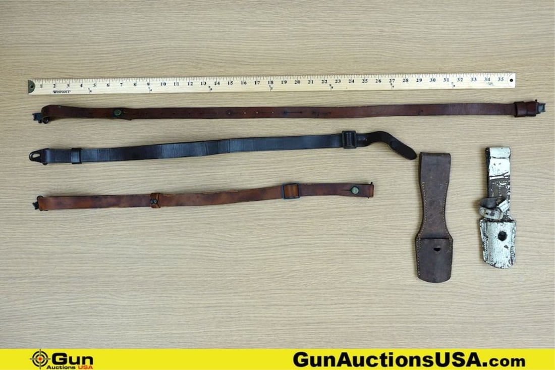 Assorted Surplus Bayonet Frog, Etc. . Good Condition. One Parade White Mounted Bayonet Frog. One: Assorted Surplus Bayonet Frog, Etc. . Good Condition. One Parade White Mounted Bayonet Frog. One Czech 1935 Bayonet Frog, JANOS HERBAK and Three Adjustable Leather Slings. . (78089) (GSCN99)