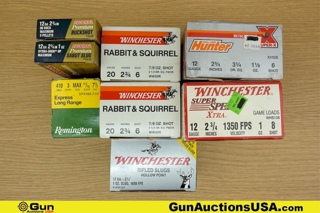 Winchester, Federal, Remington 12 Ga. 20 Ga. And .410 Ga. Ammo. Approx. 117 Rds in Total; Approx. 47: Winchester, Federal, Remington 12 Ga. 20 Ga. And .410 Ga. Ammo. Approx. 117 Rds in Total; Approx. 47 Rds of 12 Ga. Approx 50 Rds of 20 Ga. Approx 20 Rds of .410 Ga. . (78922) (GSCU32)