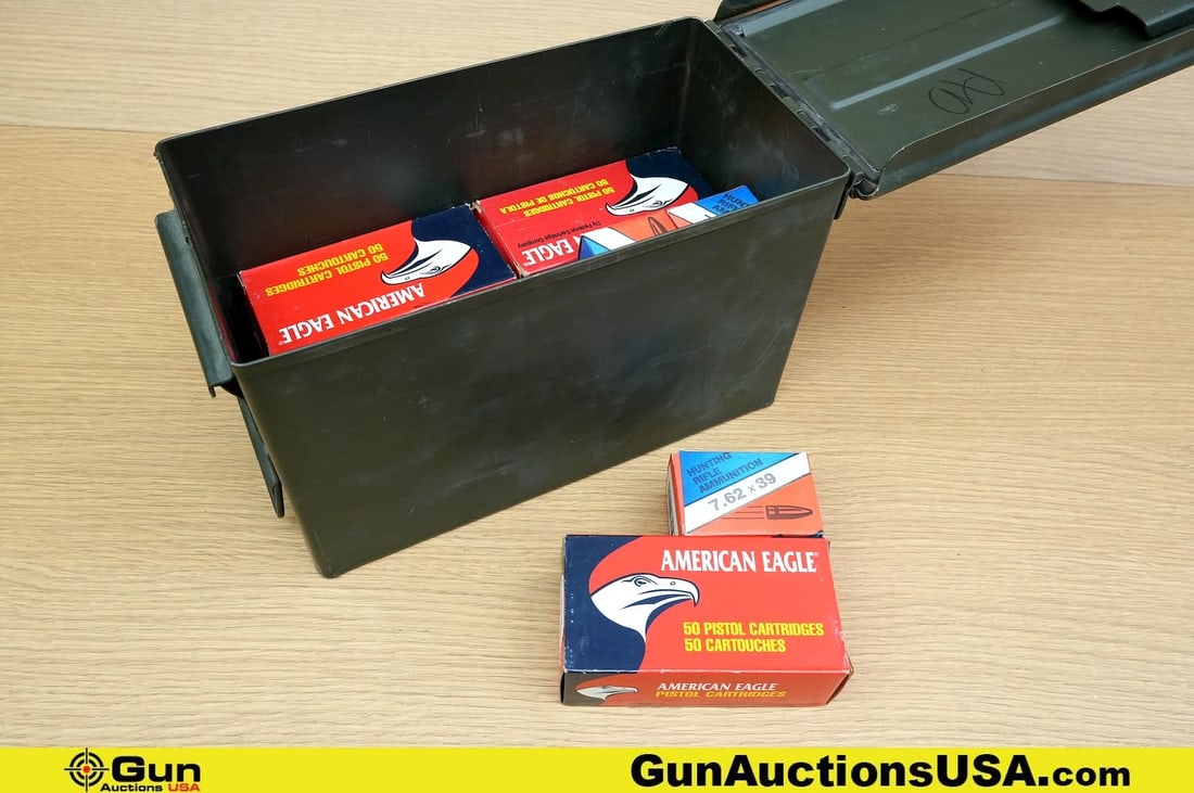 American Eagle, Etc. 7.62x39, .38 Special Ammo. Approx. 400 Rds in Total; 100 Rds of 7.62x39 and: American Eagle, Etc. 7.62x39, .38 Special Ammo. Approx. 400 Rds in Total; 100 Rds of 7.62x39 and Approx. 300 Rds of .38 Special. Includes Metal Ammo Can. . (79089) (GSCV78)