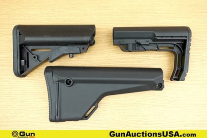 LMT, Magpul, MFT Stocks. Very Good. Three AR15 Stocks; One LMT SOP MOD Stock, One Magpul MOE Fixed