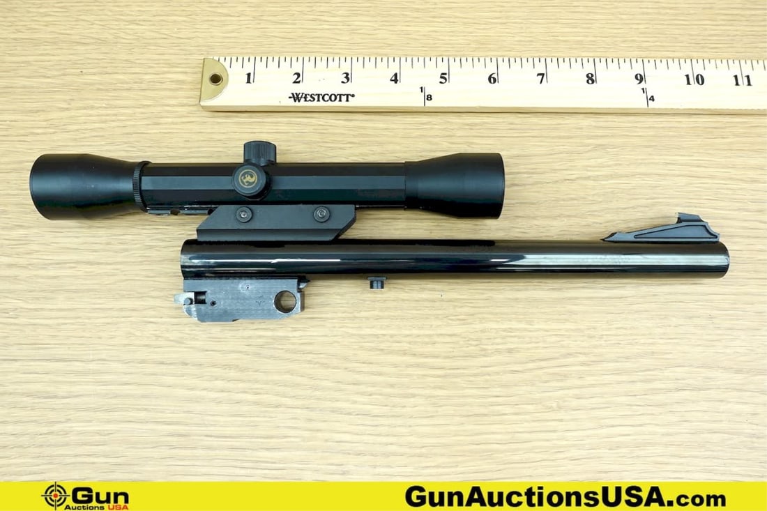 THOMPSON CENTER .357 MAGNUM Barrel . Very Good. One 10" BEAUTIFULLY BLUED Barrel with Fixed Front: THOMPSON CENTER .357 MAGNUM Barrel . Very Good. One 10" BEAUTIFULLY BLUED Barrel with Fixed Front Sight, and a LOBO 3x26 Pistol Scope. . (78970) (GSCN67)