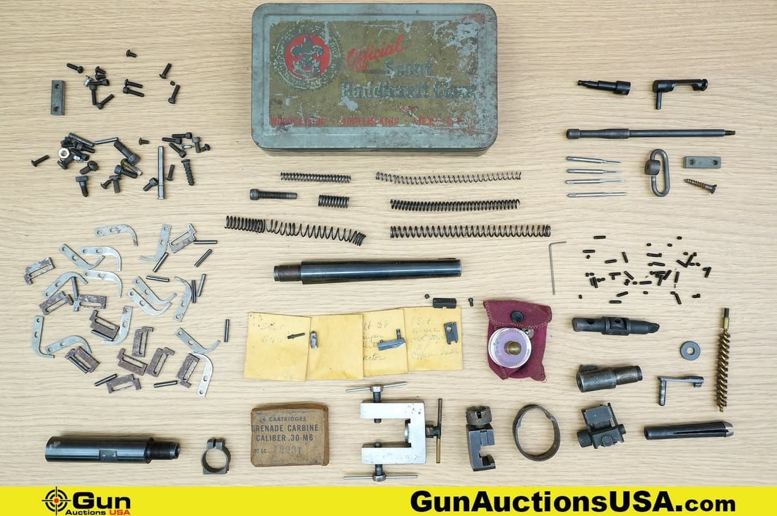 Scout, Etc. Gun Parts. Good Condition. Assorted Gun Parts, with a Scout Tin Can. . (79019) (GSCM42): Scout, Etc. Gun Parts. Good Condition. Assorted Gun Parts, with a Scout Tin Can. . (79019) (GSCM42)