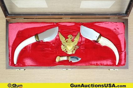 BR COLLECTOR'S Knives, Etc. . Excellent. Three Fixed Blade Knives with Horn Grips, Eagle Crest, in a