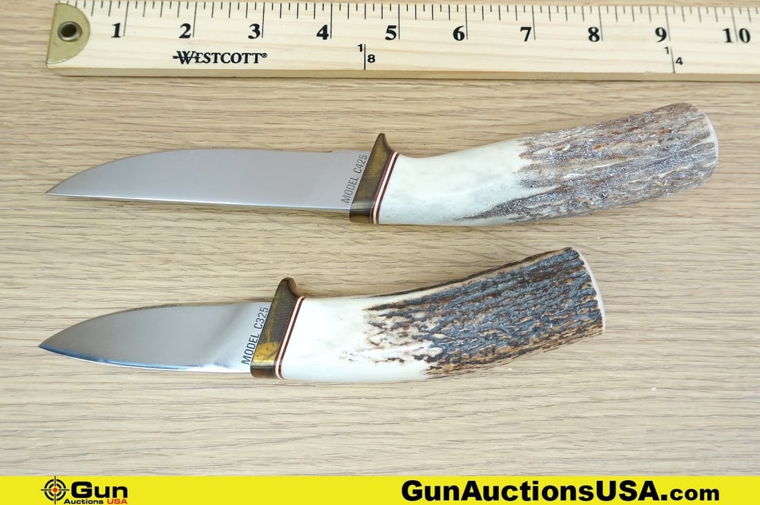 GERBER C325, C425 Knives. Excellent. Two BEAUTIFUL Fixed Blade Knives with Antler Handles and Brass: GERBER C325, C425 Knives. Excellent. Two BEAUTIFUL Fixed Blade Knives with Antler Handles and Brass Guards. . (78999) (GSCM73)